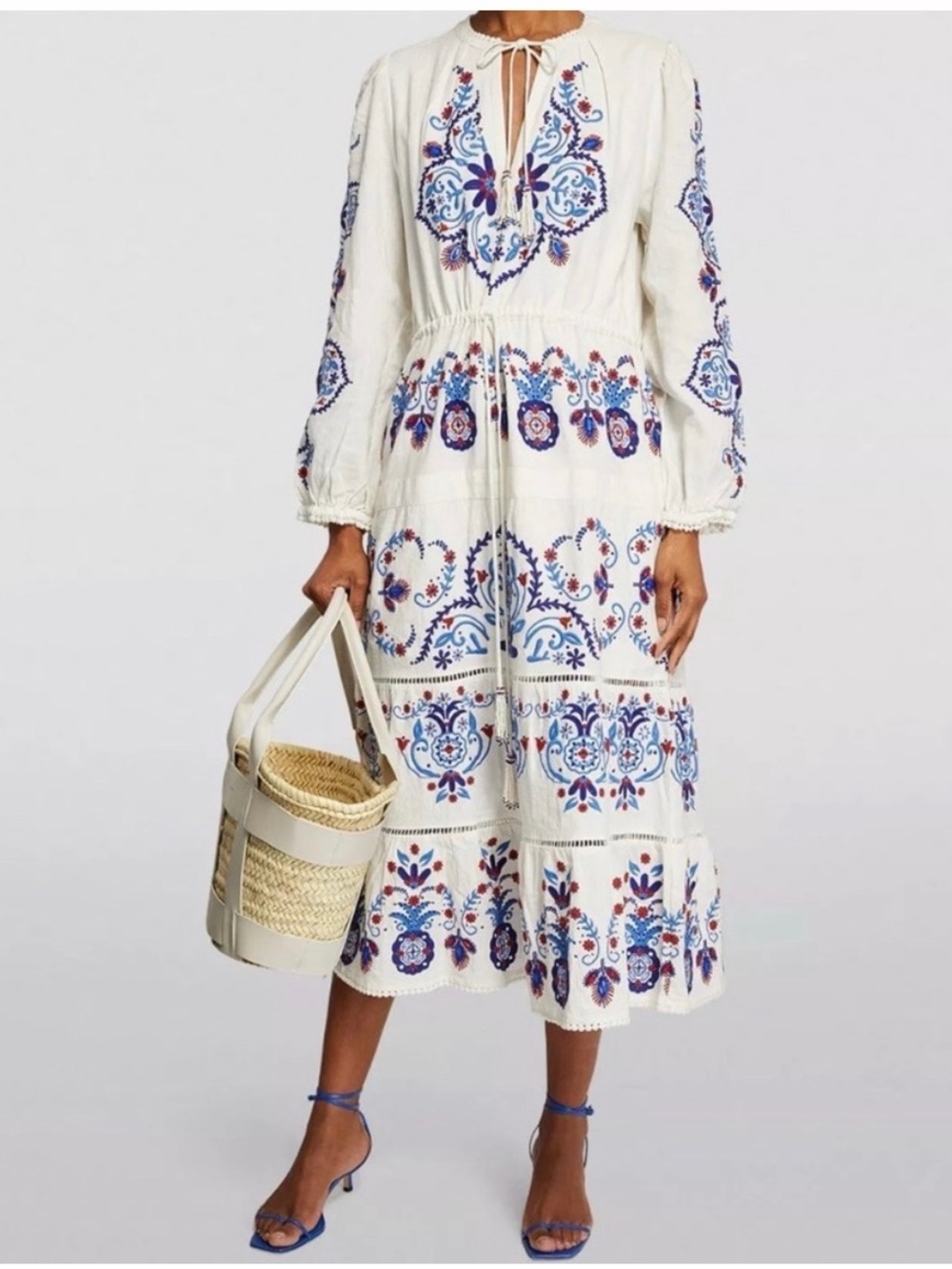Farm Rio Women's Linen-Blend Embroidered Midi-Dress